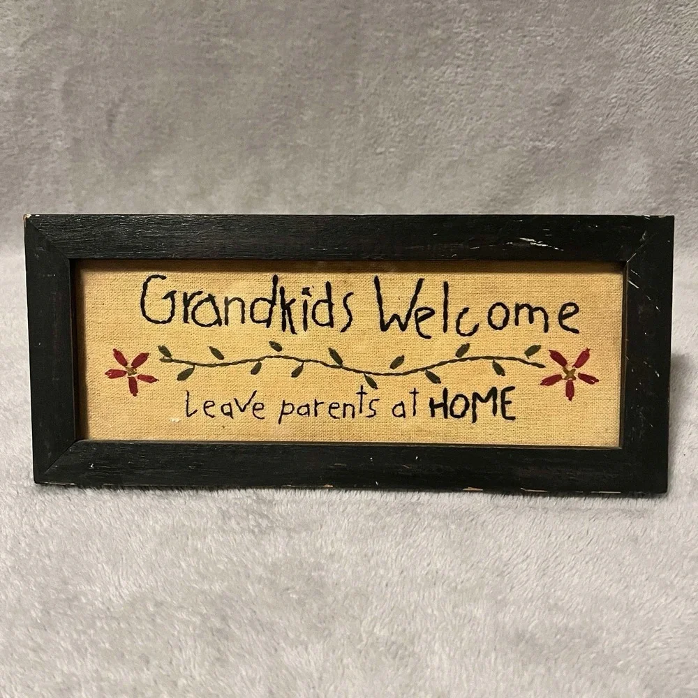 Grandkids Welcome Leave Parents At Home Wall/door Sign Stitched Handmade VINTAGE